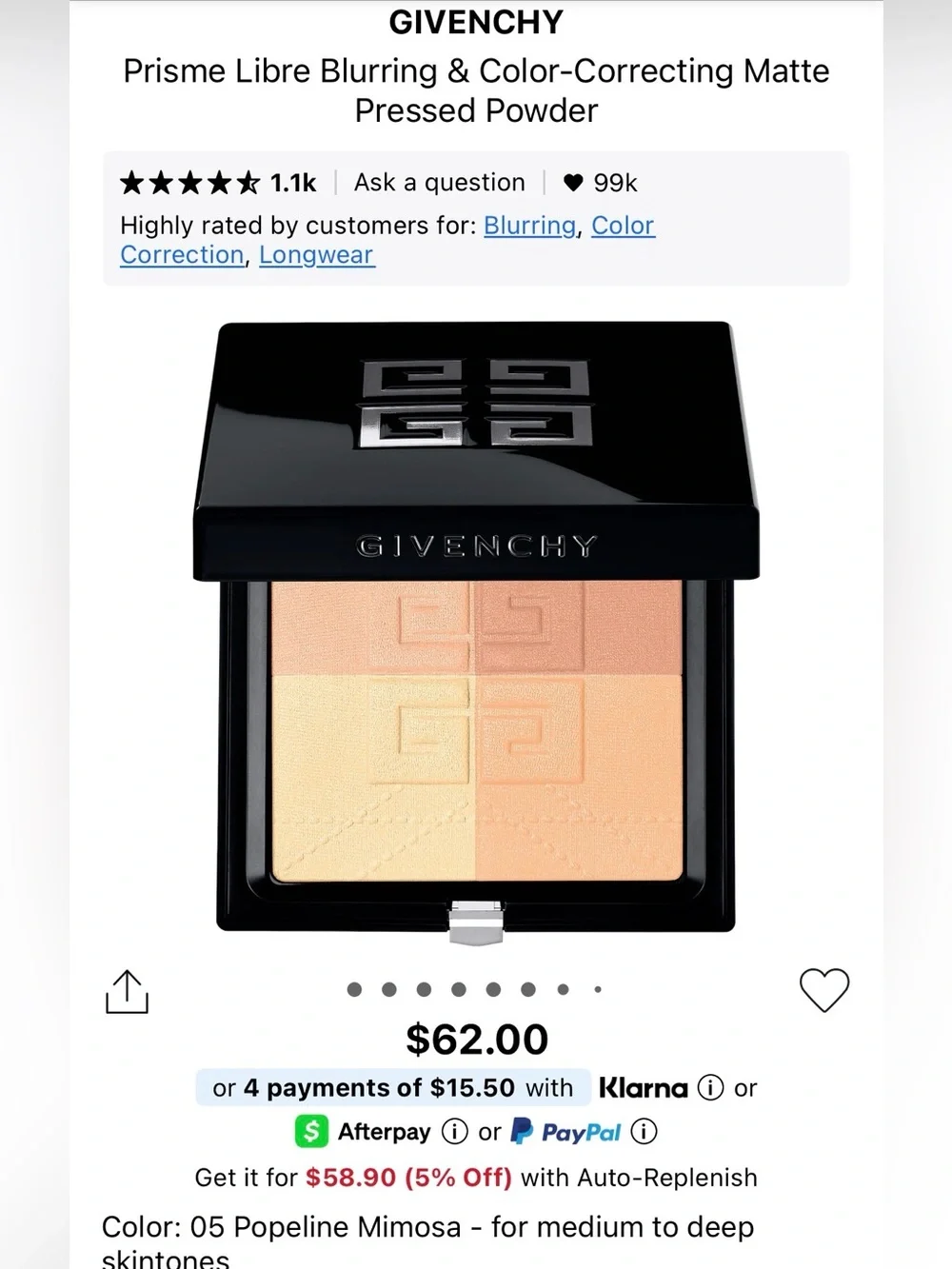 Givenchy Prisme Libre 4-Color Pressed Powder in Shade 5 Popeline Mimosa